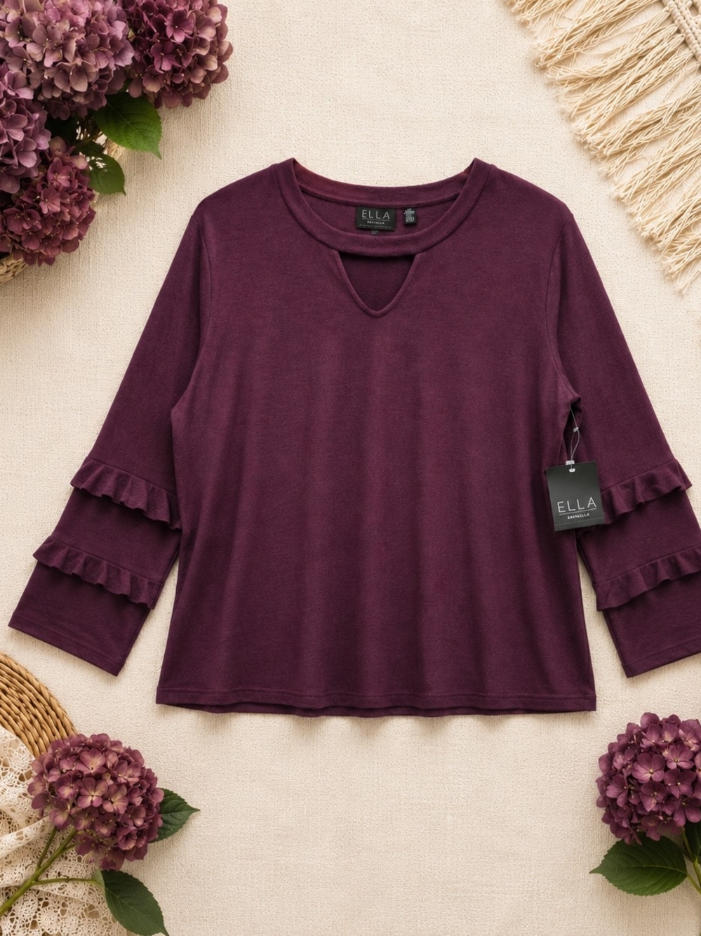 Ella Rafaella 3X Plum Ruffle Sleeve Blouse Notch Neck Soft Stretch NWT Plus Size